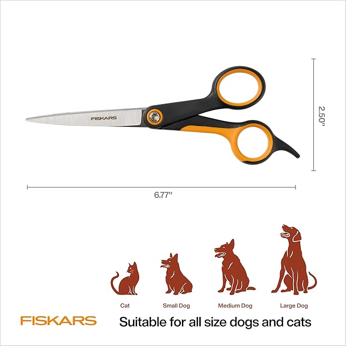 Fiskars Pet Trimming Scissors, Dog & Cat Grooming Scissors, Precision Stainless Steel Blades & SoftGrip™ Handle, 6.75”, Orange/Black