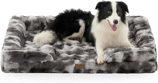 Orthopedic Dog Bed for Large Size Dog, Faux Fur Extra Large Pet Sofa, Foam Bolster Couch with Waterproof Lining Cover, Soft, Warm, Washable, C-Shaped, XL 44x32x7 inch, Tie-dye Grey