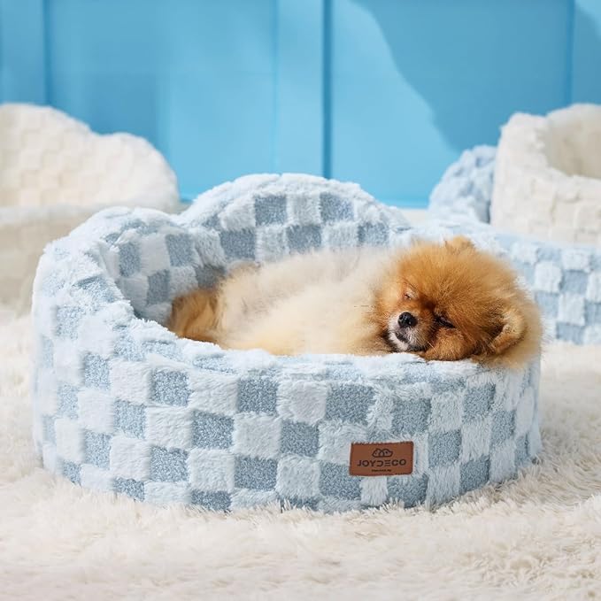 Joydeco Dog Bed for Small Dogs & Cats, Washable Cloud Pet Bed with Orthopedic Foam and Removable Checkered Plush Pad, Non-Slip Bottom for Indoor Puppies and Kittens, 22x20 Inch, Light Blue