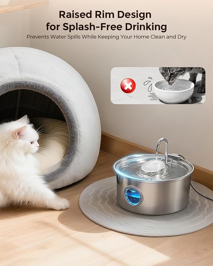 Invengo Cat Water Fountain Stainless Steel, 3.2L/108oz Pet Drinking Fountain for Cats Dogs, Automatic Cat Fountain with 2 Flow Modes, Splash-Proof Bowl