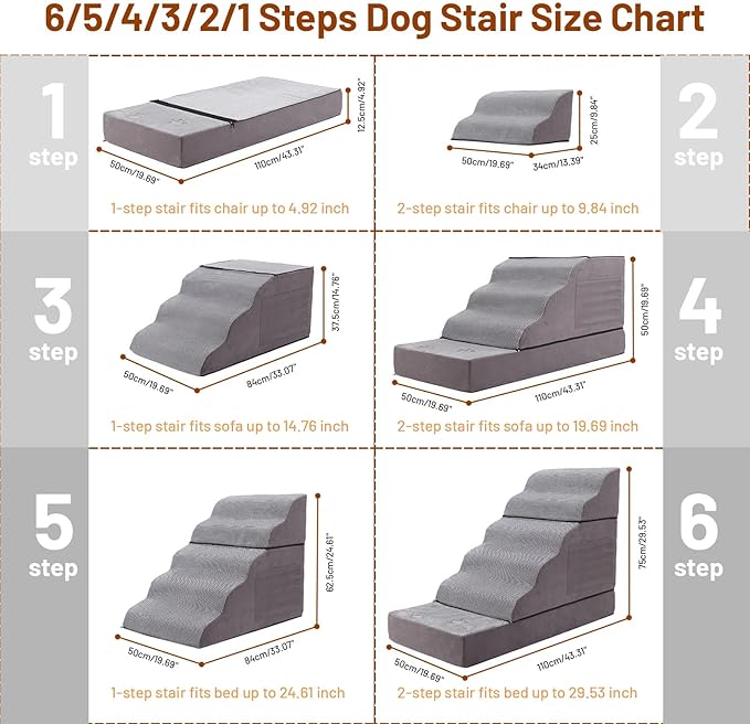 6-Step Dog Stairs for Bed & Couch – H Pet Steps for Puppy & Older Dog, Non-Slip Pet Ramp with Wide Pedals, Sturdy Indoor Dog Ladder for High Furniture 43.3" L x 19.68" W x 29.53" H Grey