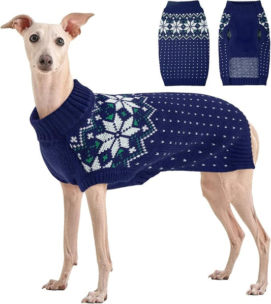Kuoser Dog Christmas Sweater, Soft Warm Xmas Sweaters for Small Medium Large Dogs Boy Girl, Comfortable Dog Sweater with Leash Hole Snowflake Puppy Knit Outfit for Holiday Winter Fall, Blue XL