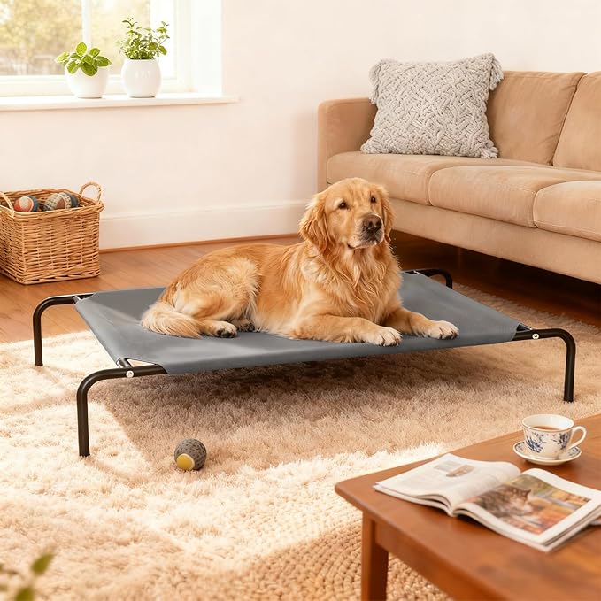 Elevated Dog Bed for Large Dogs,Raised Dog Cots,Indoor & Outdoor Cooling Waterproof Pet Hammock with Washable Breathable Mesh,Grey 42in