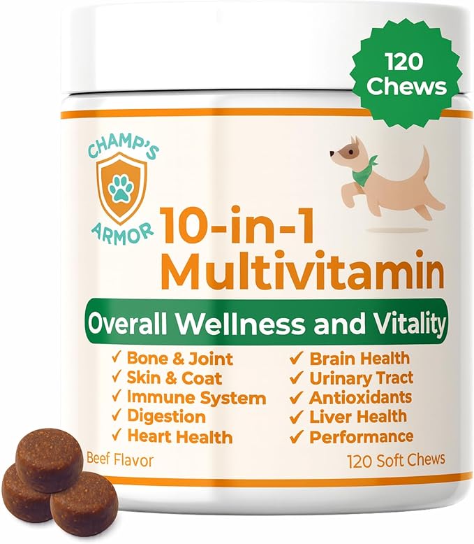 Dog Multivitamin 10-in-1 with Glucosamine - Hip Joint Support, Skin & Coat, Digestive Health, Immune Boost - Salmon Oil, Probiotics, MSM - All Natural Daily Chews for Dogs All Breeds - 120 Count