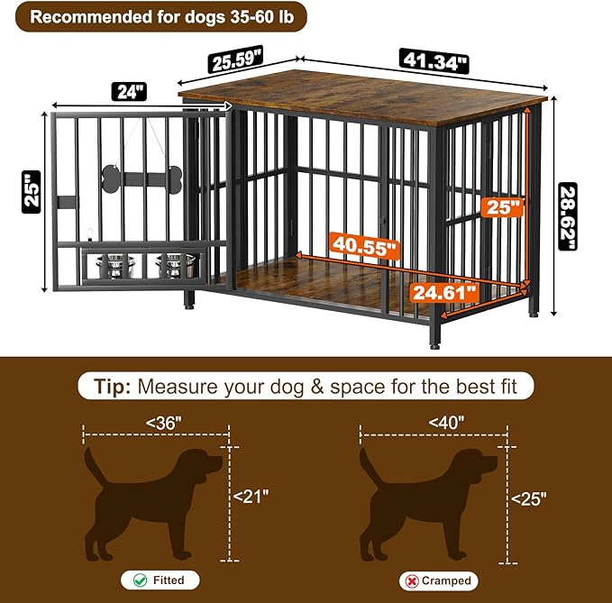Easycom 41" Dog Crate Furniture Foldable, No Assembly Decorative Dog Kennel Indoor, Dog Crates for Large Dogs(35-60 lb), Wooden Dog Cage with Adjustable Bowls and Name Tag, End Table, Rustic Brown
