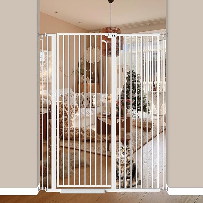 57.09" Extra Tall Cat Gate for Doorways, 43.31'' - 48.03'' Wide High Pressure Mounted Dog Gate, Tall Pet Gates for Doorways No Drilling, Auto Close Safety Baby Gates for Dogs Cats(White)