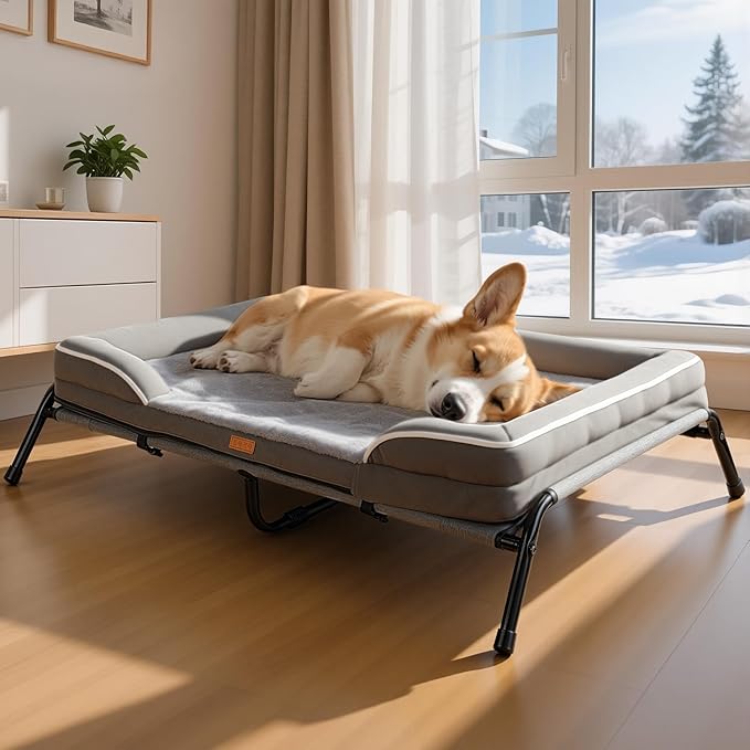 Lekereise Raised Dog Bed for Medium Dog 42x29 Inch, Orthopedic Pet Beds with Waterproof Egg Crate Foam, Removable Dogs Couch Bed for Indoor Outdoor, 2-in-1 Design, Load 70lb, Grey