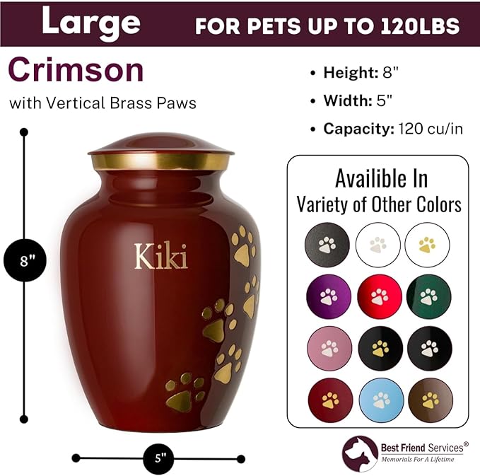 Pet Urn for Dogs and Cats with Personalized Laser Engraving, Ottillie Paws Premier Series Memorial Urns (Large Crimson with Vertical Brass Paws)