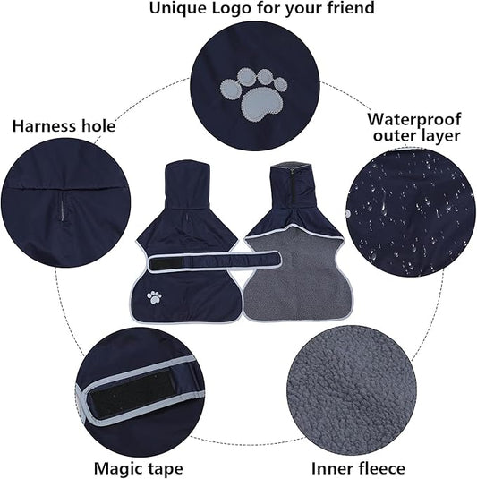 Geyecete Dog Winter Coat Greyhound Raincoat Fabric with Lamb Velvet Inside Outdoor Dog Apparel with Adjustable Bands for Medium, Large Dog-Navy-XS