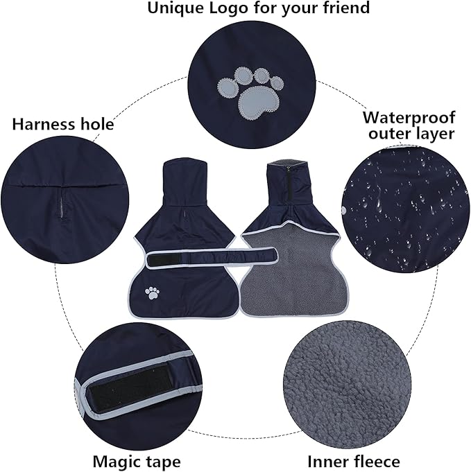Geyecete Dog Winter Coat Greyhound Raincoat Fabric with Lamb Velvet Inside Outdoor Dog Apparel with Adjustable Bands for Medium, Large Dog-Navy-L
