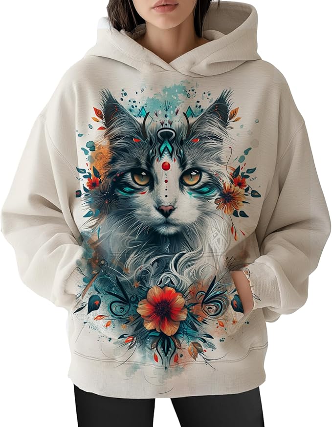 Womens Cat Print Hoodies Trendy Funny Cat Graphic Long Sleeve Sweatshirt Y2k Streetwear Hooded Pullover Tops