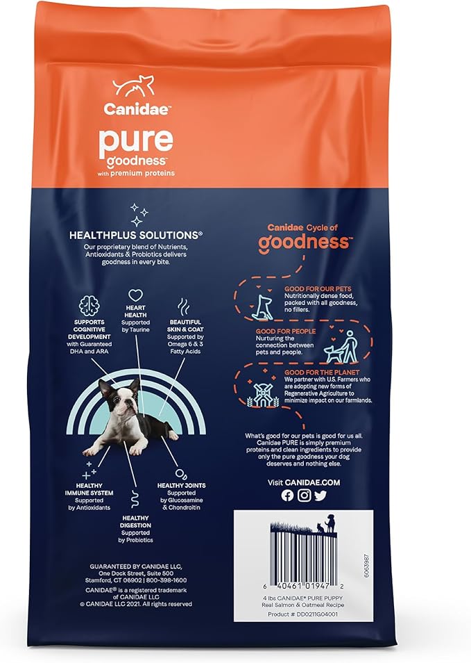 CANIDAE Pure Farm to Bowl Wild-Caught Salmon & Oatmeal, Puppy, Dog Food, 4lb