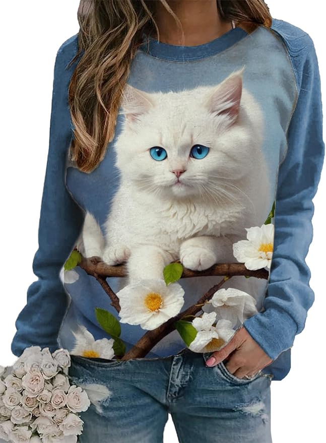 IVERIRMIN Womens 3D Cat Crewneck Sweatshirts Casual Cute Long Sleeve Shirts Pullover Tops Graphic Loose Fit Sweater for Women