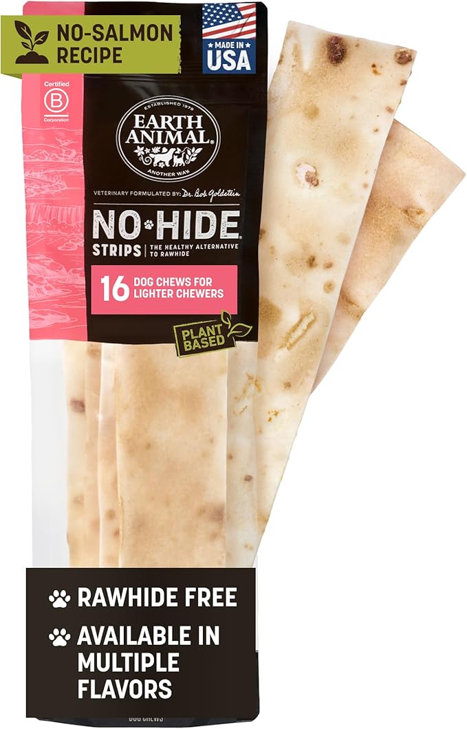 Earth Animal No Hide Strips - Natural Rawhide Free Dog Chew Strips, Salmon Free - 16 Count