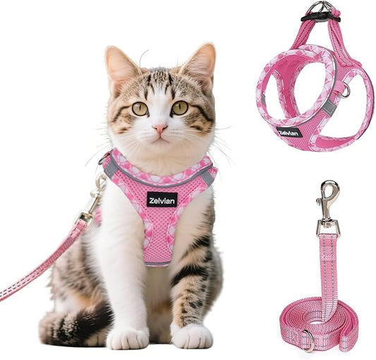 Cat Harness and Leash Set for Walking, Escape Proof Adjustable Soft Mesh Kitten Harness with Reflective Strips, Breathable No-Choke Pet Vest for Small Cats or Puppies(Pink,L)