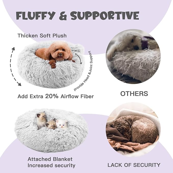 Himax Dog Beds for Small Medium Dogs, Donut Dog Bed with Blanket Attached, Calming Dogs Bed Washable (20"/26"/35") Light Grey