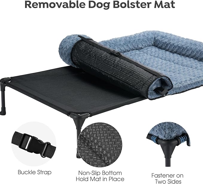 Veehoo Cooling Elevated Dog Bed Add Removable Deluxe Rose Plush Bolster Cushion Mat, 35" x 22" Washable Dog Couch Bed, Raised Pet Cot with Breathable Teslin Mesh, No-Slip Feet, Haze Blue, CWC2439B