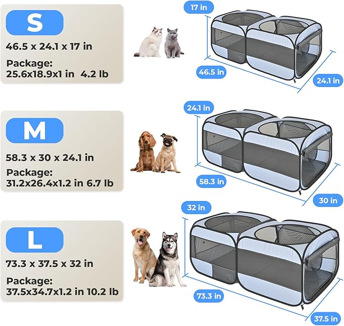 2-in-1 Pop Up Puppy Playpen, Detachable into 2 Separate Pens with Additional Doors, Assembly-Free Portable Cat Dog Crates Pet Pen Tent Kennel Kitten Enclosure Cage Indoor Outdoor Foldable Condo(L)