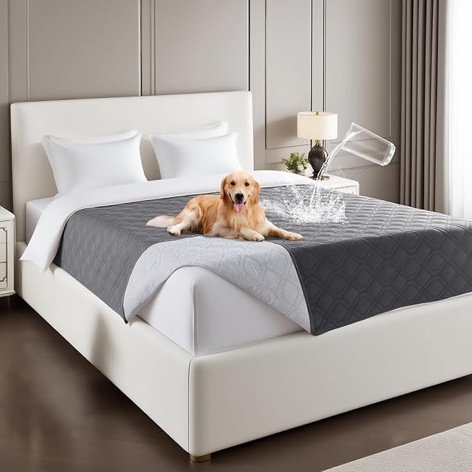 PrinceDeco Waterproof Blanket Dog Bed Cover with Non-Slip Back Pet Blanket for Furniture Bed Couch Sofa(52x82 Inch,Grey)