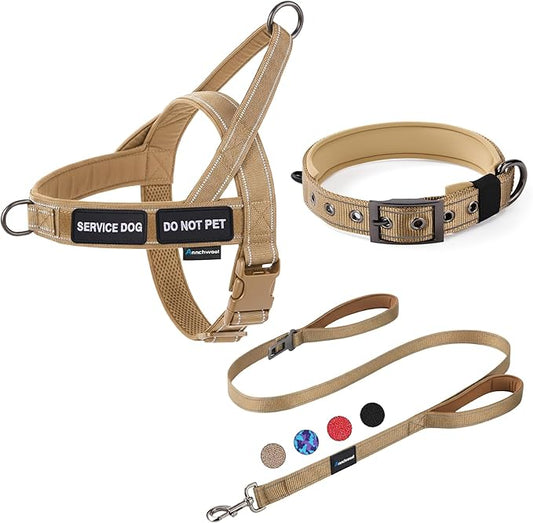 Annchwool No Pull Dog Harness, Collar & Leash Set|Reflective Dog Harness+Heavy Duty Dog Collar+Dog Leash with Double Handle & Car Seatbelt Clip|Easy for Walking Medium Large Size Dogs(Brown,XL)