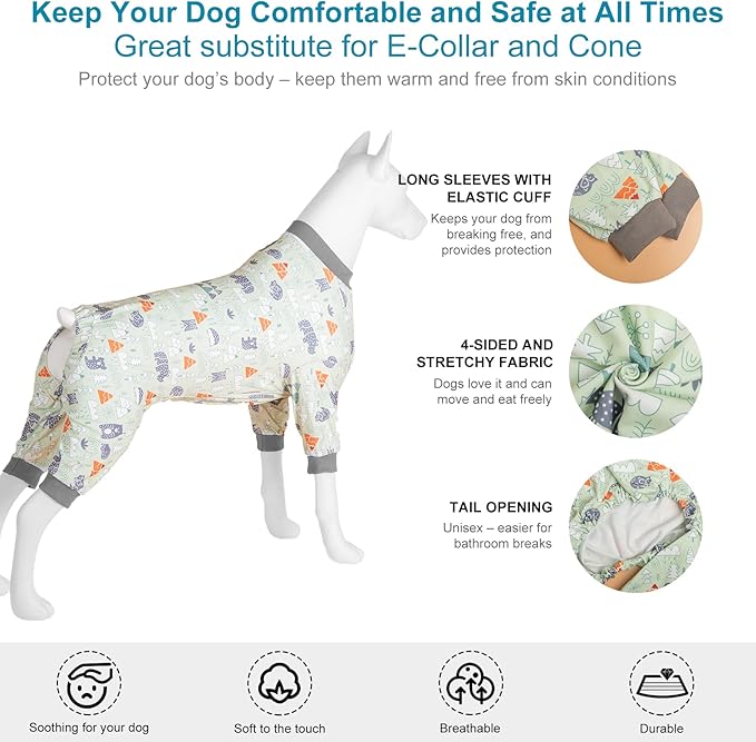 LovinPet Large Dog Clothes for Labrador - Anxiety Calming Dog Pajamas, Lightweight Stretchy Fabric, Sage Animal Print, Pet Pajamas for Dogs, 4 Legged Style Pullover Dog Onesies, Silver Grey, M