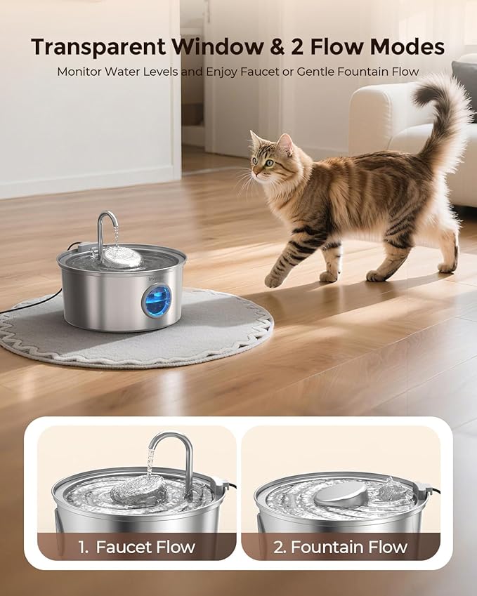 Invengo Cat Water Fountain Stainless Steel, 3.2L/108oz Pet Drinking Fountain for Cats Dogs, Automatic Cat Fountain with 2 Flow Modes, Splash-Proof Bowl