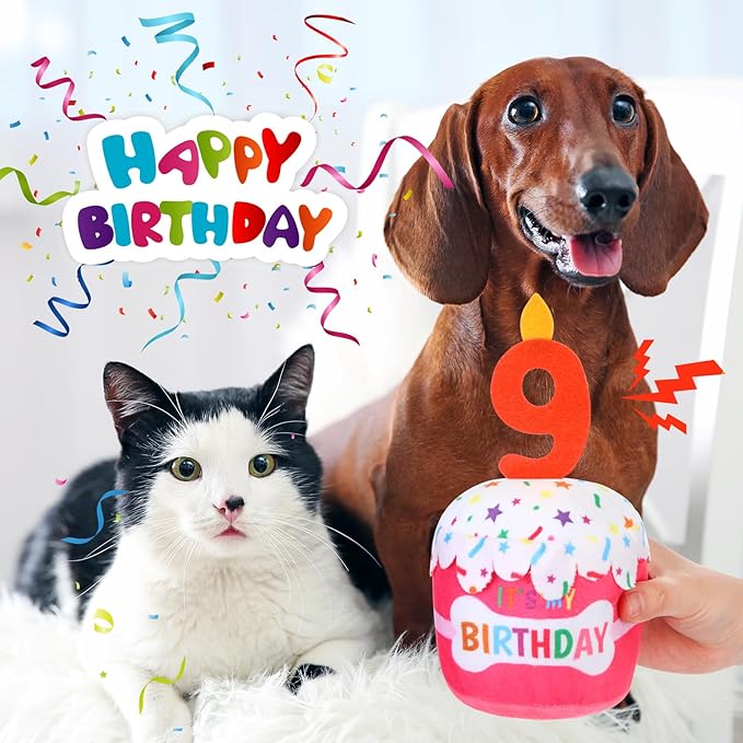 Dog Birthday Cake Toy Accessories for Girl Boy Gifts, Squeaky Plush Toy for Dog Birthday Party Decor Favor for Large, Medium and Small Dogs(9th,Pink)