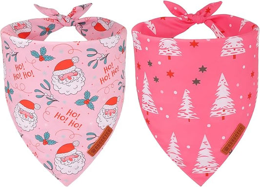 ADOGGYGO Pink Christmas Dog Bandana, Santa Xmas Tree Dog Scarf, Adjustable Fit Pink Pet Christmas Bandanas for Medium Large Dogs (Large)