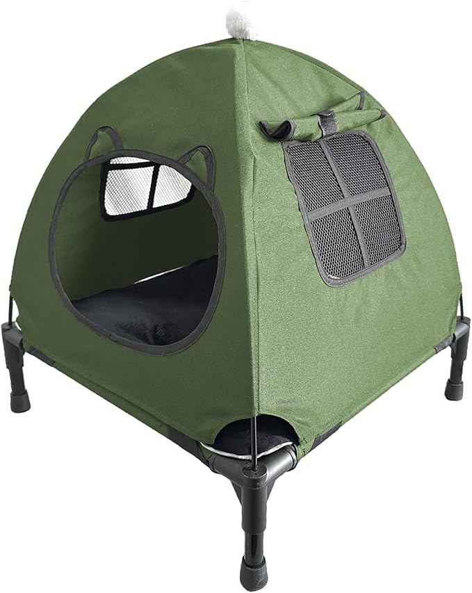 Love&go Elevated Dog Bed with Metal Frame, Cooling Raised Pet Cot for Dog and Cat (S - Olive Green Bed+Mat+Canopy, Small-18.5x18.5x5.5 inch)