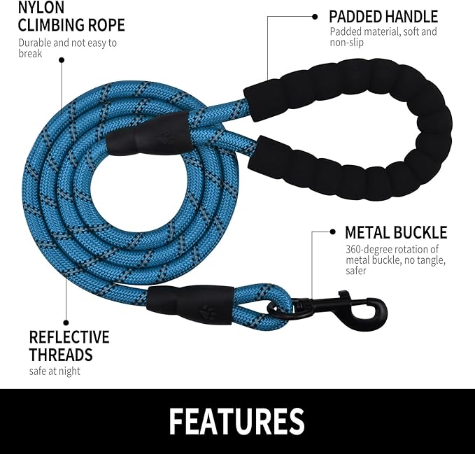 5/6 FT Strong Pet Dog Leash with Soft Padded Handle,Highly Reflective Rope for Night Walking,360-Degree Rotating Metal Buckle Without Tangles,Suitable for Small,Medium and Large Dogs.(5ft)