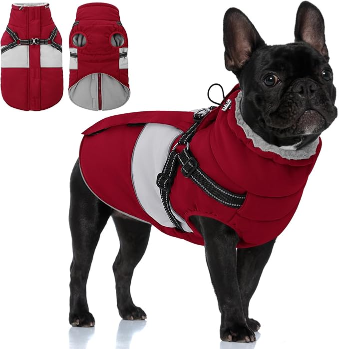 KOESON Dog Winter Coat, Waterproof Dog Jacket with Harness Built in, Warm Windproof Cold Weather Coat for Small Dogs, Reflective Pet Fleece Vest Zip-Up with Fur Collar, Burgundy XS
