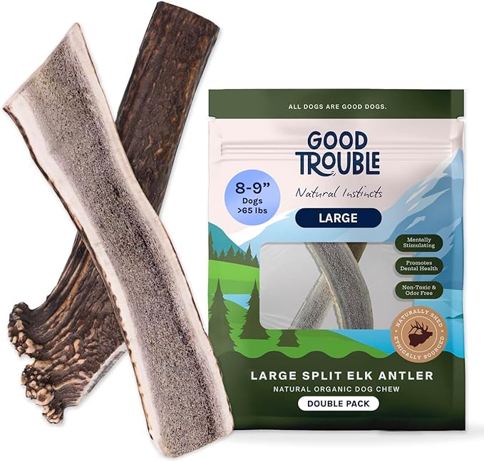 Good Trouble Premium Elk Antlers for Large Dogs – 2 Pack Split - All-Natural, Shed Antler Chews for Dental Health & Calming - Durable Dog Bones - Cruelty-Free, North American Sourced