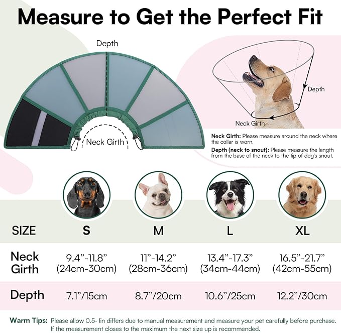 Queenmore Dog Cones for Large Dogs, Cone for Dogs to Stop Licking After Surgery, Adjustable Waterproof Dog Cone Collar Alternative, Comfortable Pet Recovery E-Collar (Dark Green,L)
