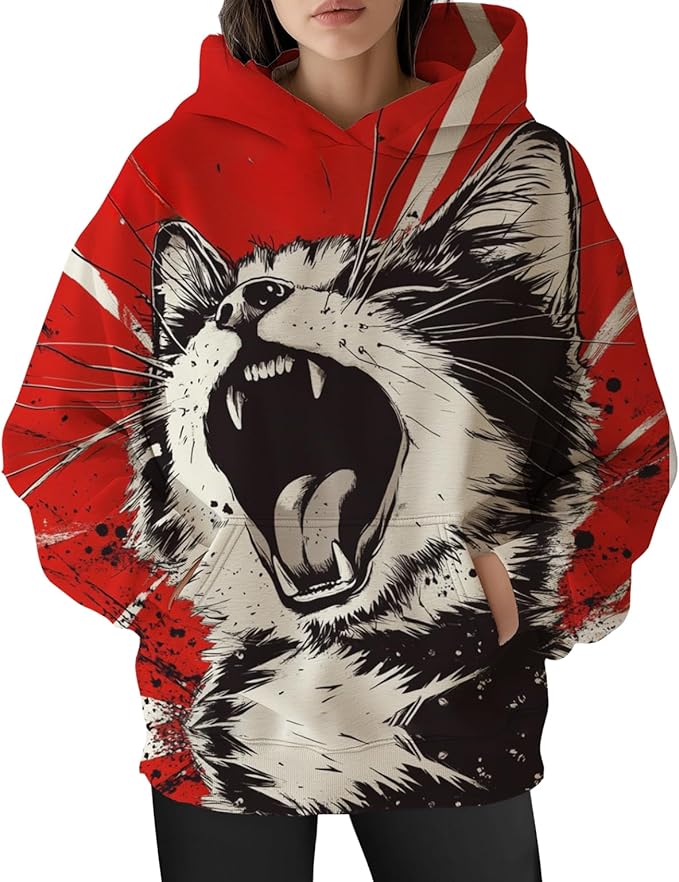 Womens Funny Cat Hoodies Oversized Graphic Hooded Sweatshirt for Women Fall Plus Size Pullover Hoodie Y2K