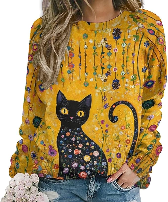 Womens novelty funny cat printed crewneck sweatshirt casual loose long sleeve graphic pullover sweatshirts tops