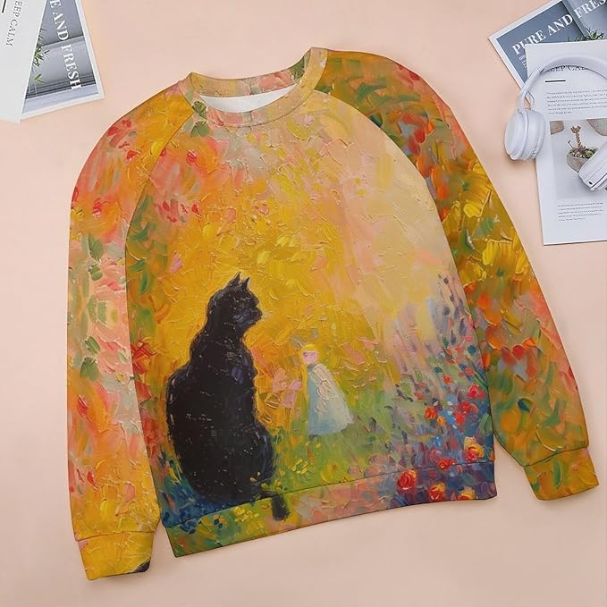 Womens novelty funny cat printed crewneck sweatshirt casual loose long sleeve graphic pullover sweatshirts tops
