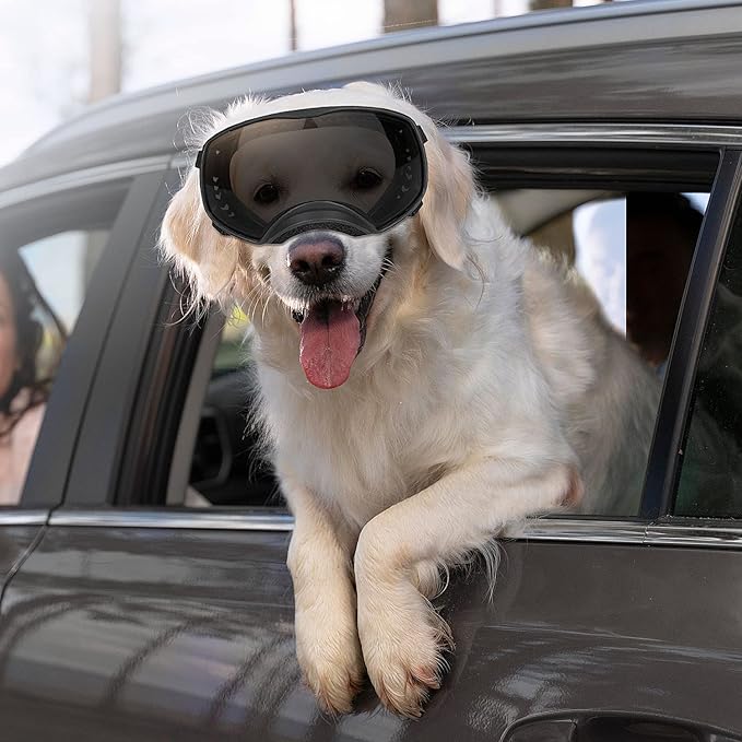 PETLESO Dog Goggles for Large Breed, Dog Sunglasses Medium Large Breed Wide View Pet Eye Protection with Adjustable Straps for Driving Riding Hiking, Black Lens
