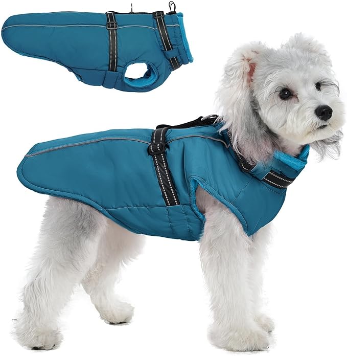 PUMYPOREITY Winter Fleece Coat for Small Dogs, Reflective Dog Jacket with Harness Built in, Waterproof Warm Coat for Dogs, Cold Weather Coats for Outdoor, Therma Windproof Pet Snowsuit, Blue, S