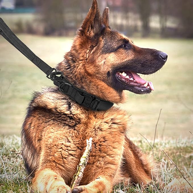 Tactical Dog Collar and Leash Set Heavy Duty Military Dog Collar with Handle and Metal Buckle for Medium and Large Dogs (Black, XL)