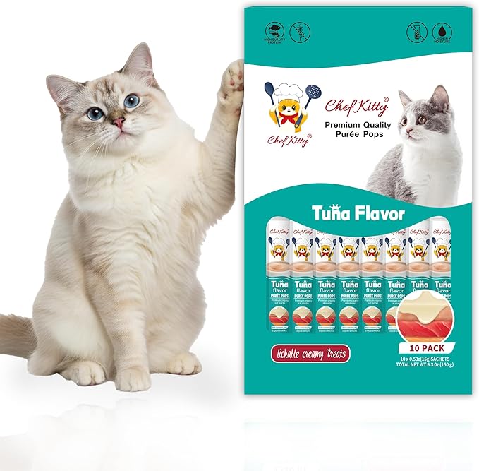 Chef Kitty Purée Pops, Cat Treats, Grain-Free, Lickable, Squeezable Creamy Cat Treat/Topper with Vitamin E & Taurine, 0.5 Ounces Each Tube, 10 Tubes, Tuna Flavor