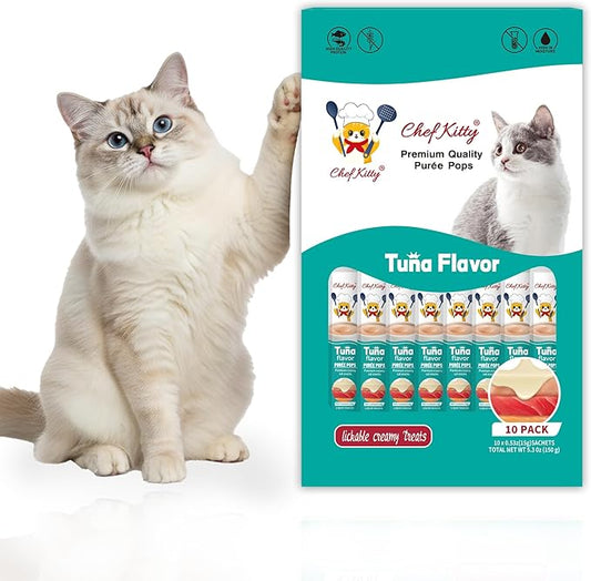 Chef Kitty Purée Pops, Cat Treats, Grain-Free, Lickable, Squeezable Creamy Cat Treat/Topper with Vitamin E & Taurine, 0.5 Ounces Each Tube, 10 Tubes, Tuna Flavor