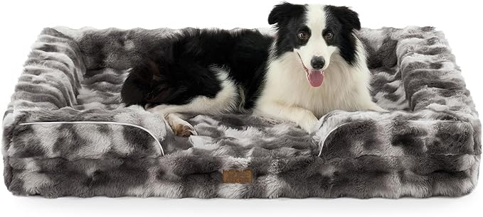 Orthopedic Dog Bed for Extra Large Dog, Faux Fur Giant Pet Sofa, Big Foam Bolster Couch with Waterproof Lining Cover, Soft, Warm, Washable, C-Shaped, XXL 48x35x8 inch, Tie-dye Grey