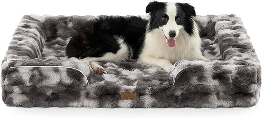 Orthopedic Dog Bed for Extra Large Dog, Faux Fur Giant Pet Sofa, Big Foam Bolster Couch with Waterproof Lining Cover, Soft, Warm, Washable, C-Shaped, XXL 48x35x8 inch, Tie-dye Grey