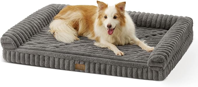Cute Dog Bed for Large Dogs, Faux Fur Orthopedic Foam Dog Bed with Sides, Removable Washable Cover & Waterproof Lining, Comfortable Pet Couch, Grey (44" L x 32" W x 7" Th)