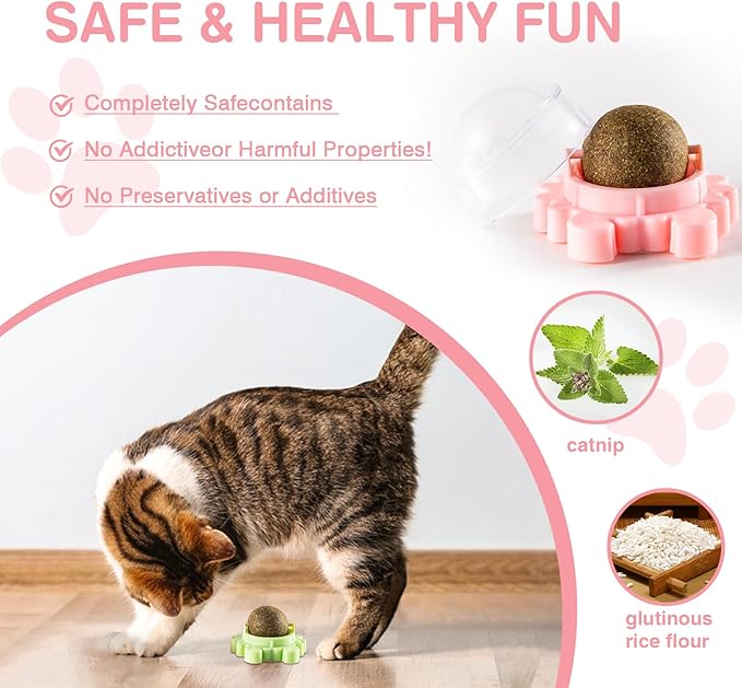 Thorixzen Catnip Ball 360° Balls for Cats Catnip Balls Interactive Toys Wall Catnip Toy Cat Nip Anxiety Relief Indoor Edible Rotatable Play Chew Teeth Cleaning Cat Nips Organic Ball 4 Pack