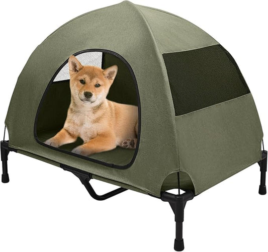 Love&go Elevated Dog Bed with Metal Frame, Cooling Raised Pet Cot for Dog and Cat (M - Olive Green Bed+Canopy, Medium-29.9x19.5x5.5 inch)