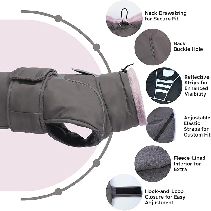 Dog Winter Coat for Small to Large Dogs(XS-XXXL)– Waterproof Windproof Fleece Lined Jacket with Reflective Trim,Pet Vest with Adjustable Buckles, Machine Washable Grey M