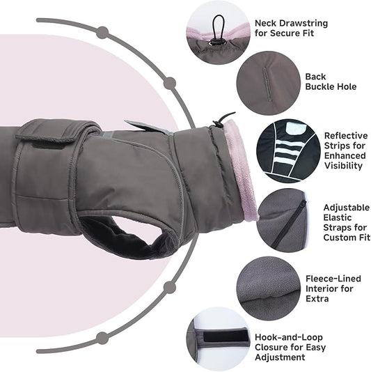 Dog Winter Coat for Small to Large Dogs(XS-XXXL)– Waterproof Windproof Fleece Lined Jacket with Reflective Trim,Pet Vest with Adjustable Buckles, Machine Washable Grey S