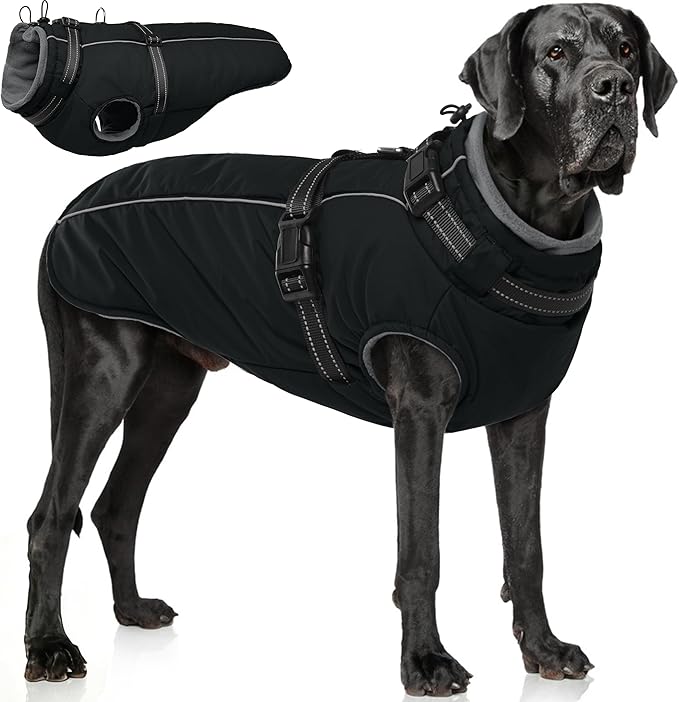 PUMYPOREITY Snow Jacket for Large Dogs Waterproof, Warm Dog Winter Coat with Harness Built in, Fleece Jacket with Back Zipper, Cold Weather Coats for Outdoor, Windproof Pet Snowsuit, Black, 2XL