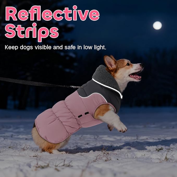 EMUST Dog Coats for Medium Dogs M, Waterproof Dog Jacket with Reflective Strips, Warm Pet Vest Snowsuit with Foldable High Collar for Cold Winter, Pink